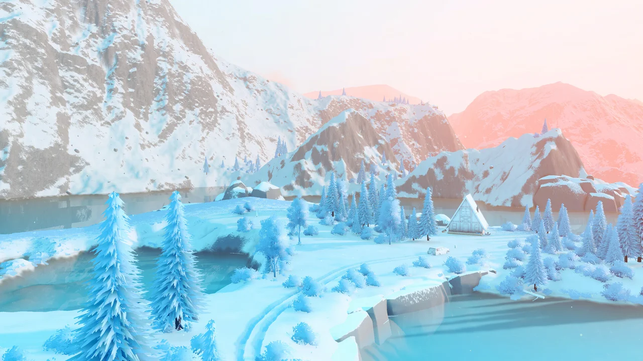Small off-road vehicles explore a snowy valley below a steep mountain.